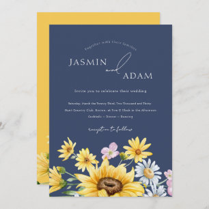 Summer Navy Blue Yellow Sunflowers Floral Wedding Invitation