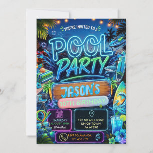 Summer Neon Pool Party Boy Birthday Invitation
