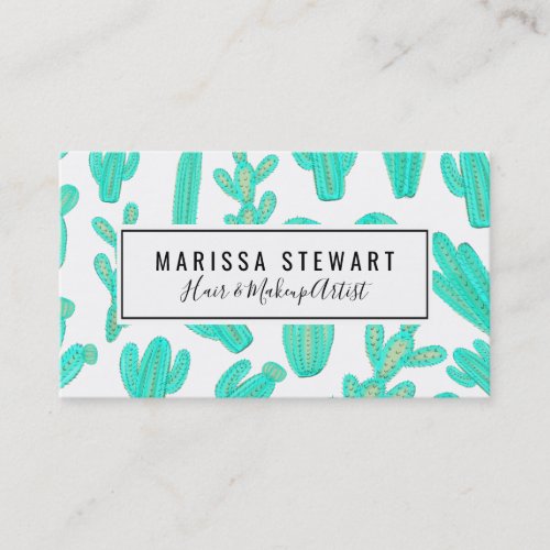 Summer Neon Teal Green Tropical Cactus Plants Business Card