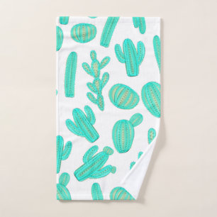 Summer Neon Teal Green Tropical Cactus Plants Hand Towel
