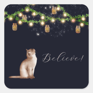 Summer Night Cat Under Lanterns Square Sticker