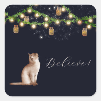 Summer Night Cat Under Lanterns Square Sticker