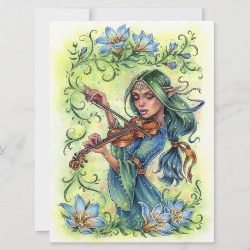 Summer Night Fiddler Fairy Elf Violin Art Card