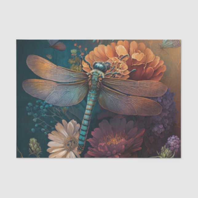 Summer Night Midnight Dragonfly Flower Decoupage Tissue Paper (Front)