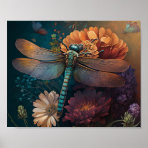 Summer Night Midnight Dragonfly Flower Poster