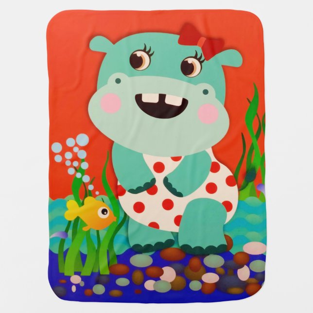 Summer Ocean Beach Fish Happy Baby Hippo Blanket (Front)