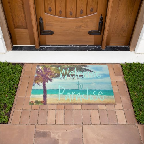 Summer Ocean Beach Palm Tree Watercolor Painting Doormat