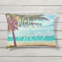 Summer Ocean Beach Palm Tree Watercolor Painting Outdoor Pillow