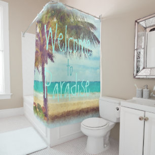 Summer Ocean Beach Palm Tree Watercolor Painting Shower Curtain