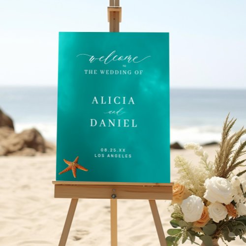 Summer ocean beach wedding welcome sign
