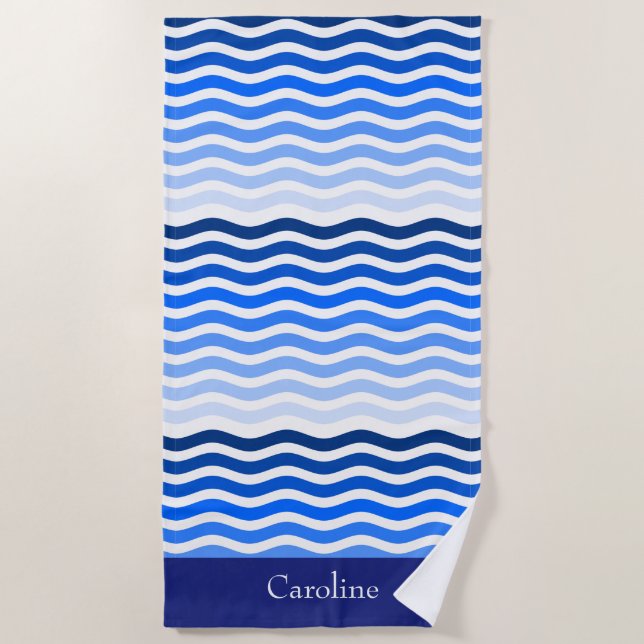 Summer Ocean Blue Waves Stripes Tropical Name Word Beach Towel (Front)