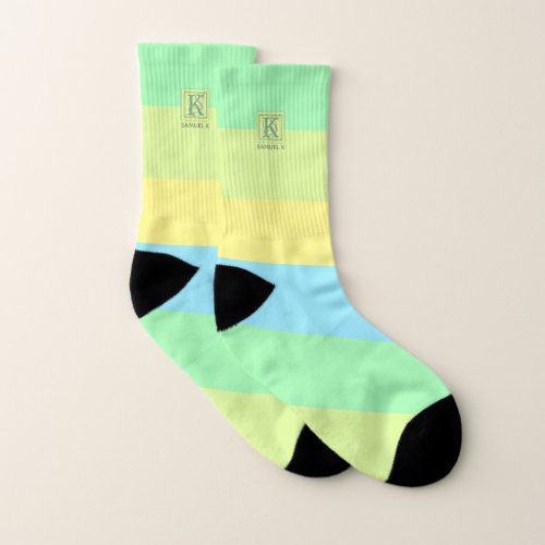Summer Ocean Lime Color Palette Stripes Monogram Socks