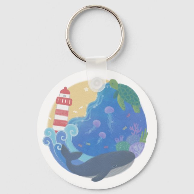 Summer Ocean Whale Turtle & Lighthouse Keychain (Front)