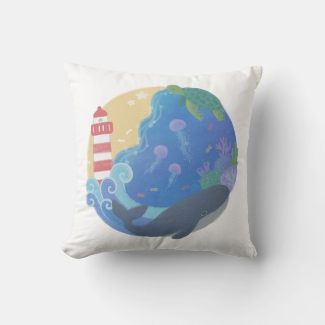 Summer Ocean Whale Turtle & Lighthouse Throw Pillow (Front)