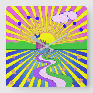 Summer of Love Colorful Psychedelic 60s 70s Square Wall Clock