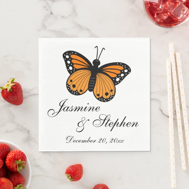Summer Orange Black Monarch Butterfly Wedding  Napkins (Insitu)