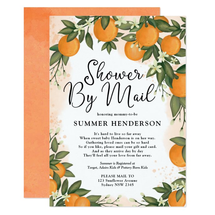 Summer Orange Citrus Greenery Baby Shower By Mail Invitation