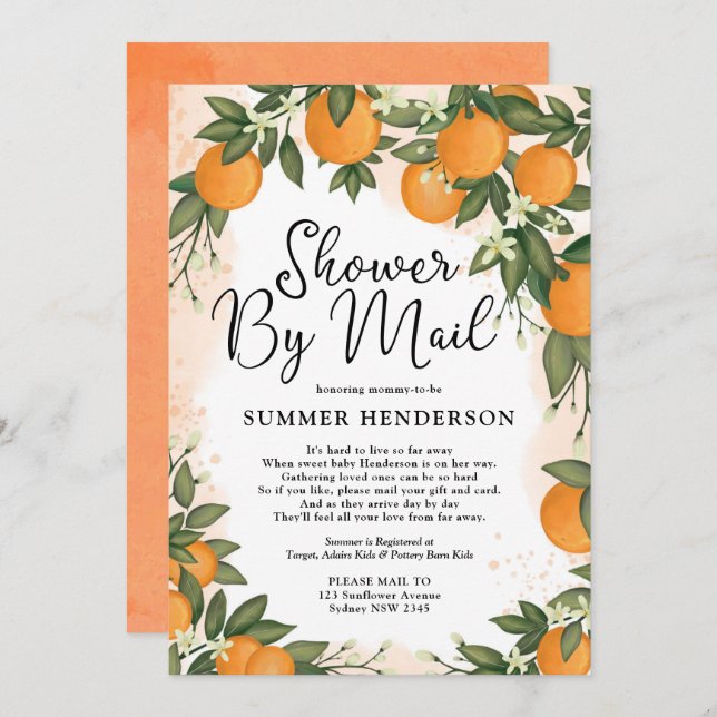 Summer Orange Citrus Greenery Baby Shower By Mail Invitation (Front/Back)
