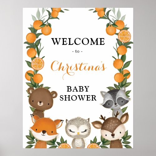 Summer Orange Citrus Woodland Baby Shower Welcome Poster