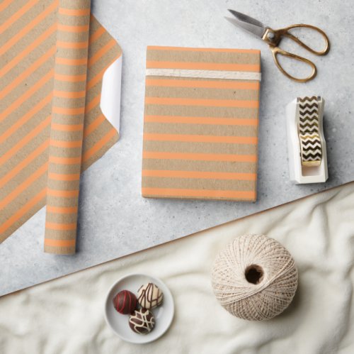 Summer Orange Lines On Faux Rustic Brown Kraft Wrapping Paper