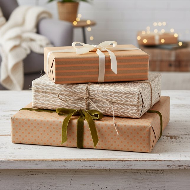Summer Orange Lines On Faux Rustic Brown Kraft Wrapping Paper Sheets (Creator Uploaded)