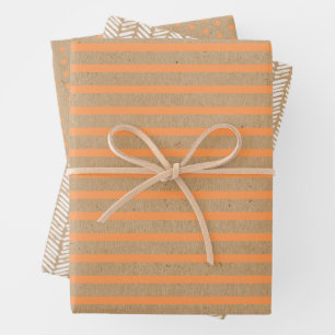 Summer Orange Lines On Faux Rustic Brown Kraft Wrapping Paper Sheets