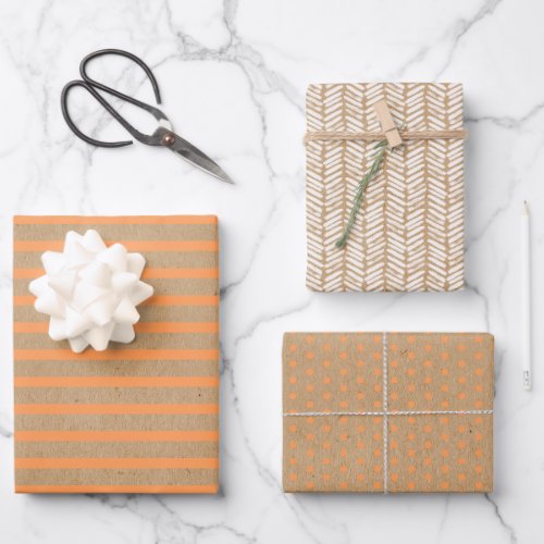 Summer Orange Lines On Faux Rustic Brown Kraft Wrapping Paper Sheets