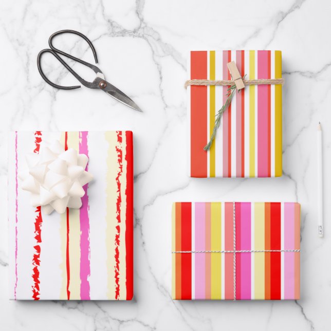 Summer orange pink red stripes vibrant  wrapping paper sheets (Front)