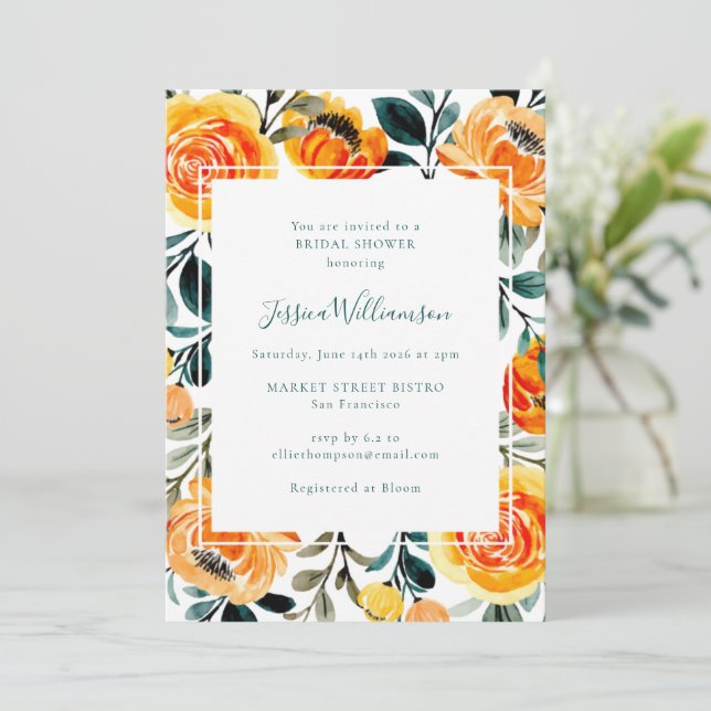Summer Orange Watercolor Flowers Bridal Shower Invitation (Standing Front)