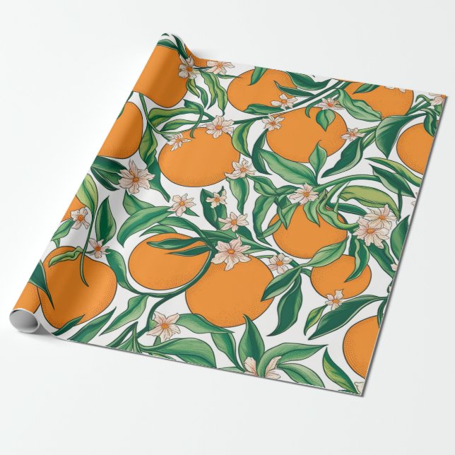 Summer Oranges Citrus Fruit Floral Pattern  Wrapping Paper (Unrolled)