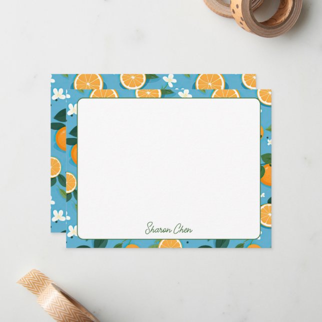 Summer Oranges Custom Name Stationery Note Card (Front/Back In Situ)