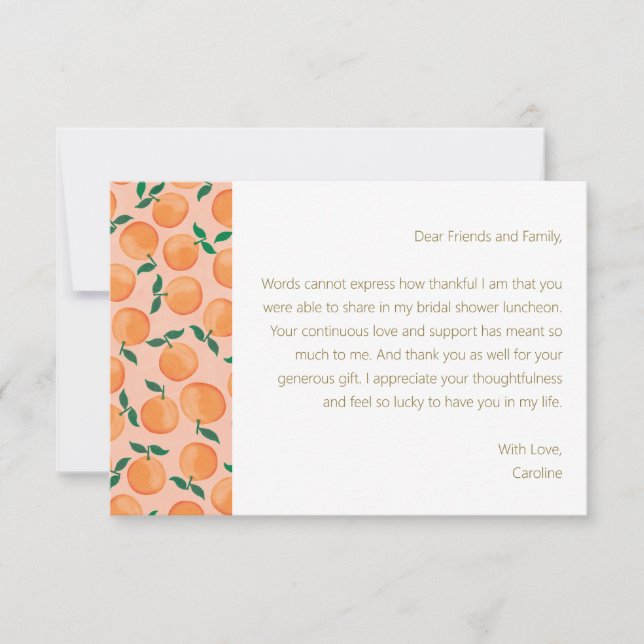 Summer Oranges Fruit Bridal Shower Custom Message Thank You Card (Front)
