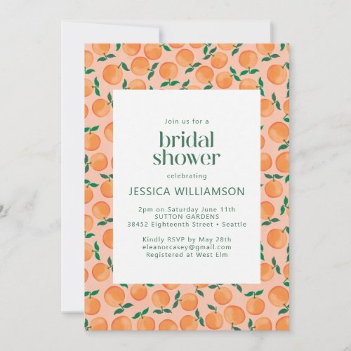 Summer Oranges Fruit Watercolor Pink Bridal Shower Invitation