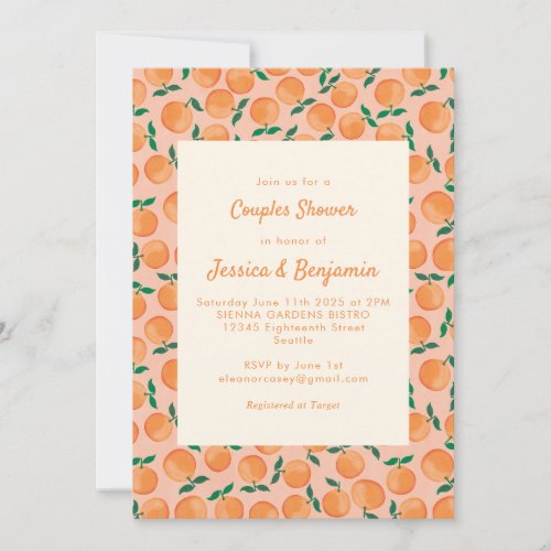 Summer Oranges Fruit Watercolor Pink Couple Shower Invitation