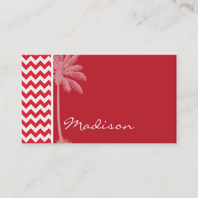 Summer Palm; Alizarin Crimson Chevron; zig zag Business Card (Front)