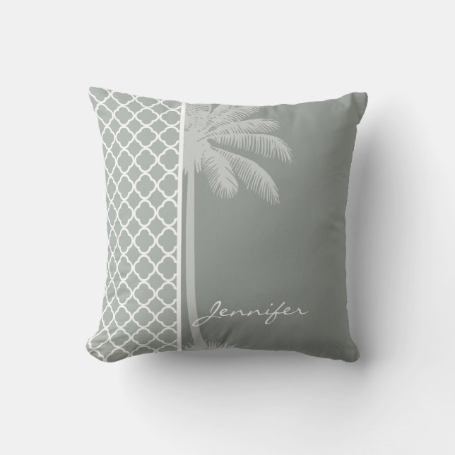 Summer Palm; Ash Gray; Grey Quatrefoil Throw Pillow (Front)