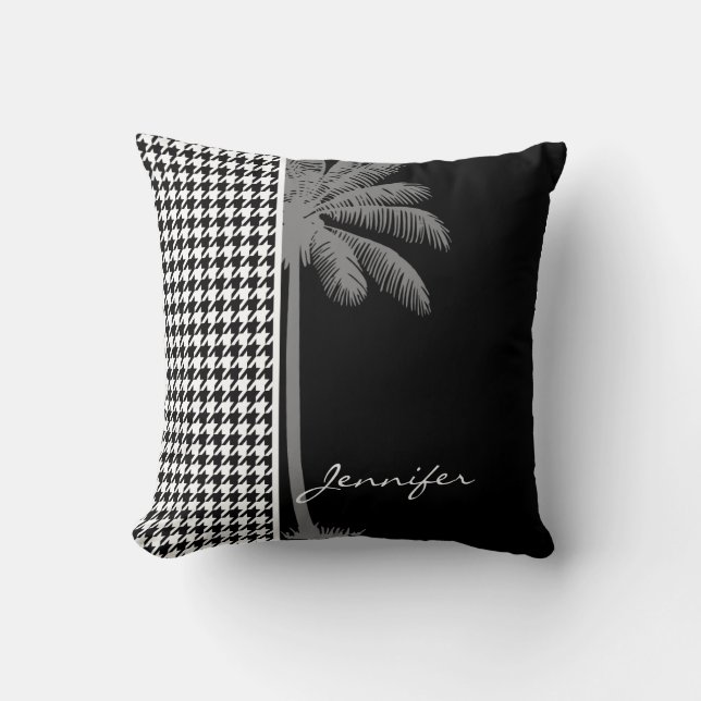Summer Palm Black Houndstooth Throw Pillow (Front)