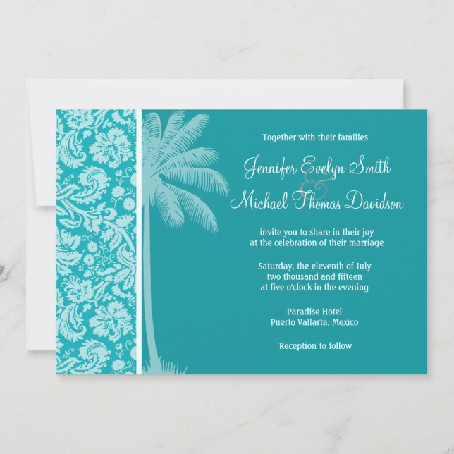 Summer Palm Blue-Green Damask Pattern Invitation (Front)