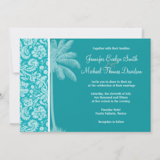 Summer Palm Blue-Green Damask Pattern Invitation