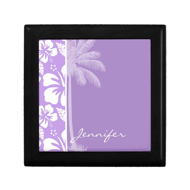 Summer Palm; Bright Lavender Tropical Hibiscus Jewelry Box (Front)