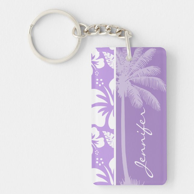 Summer Palm; Bright Lavender Tropical Hibiscus Keychain (Front)