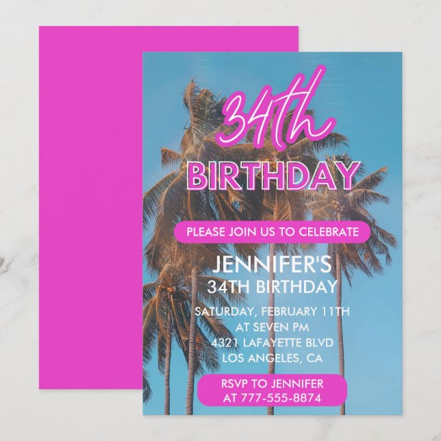 Summer Palm tree Tropical Pink 34th birthday Invitation (Front/Back)