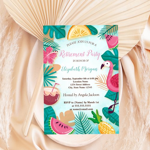 Summer PalmLeafFlamingoFruit Retirement Party Invitation