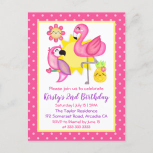 Summer Paradise Flamingo Parrot Birthday Party Postcard