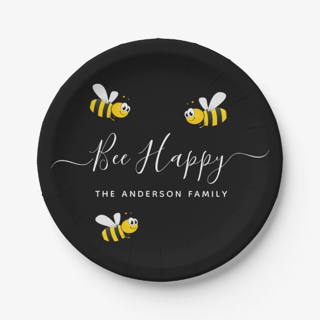 Summer party black yellow bee happy bumblebees paper plates (Front)