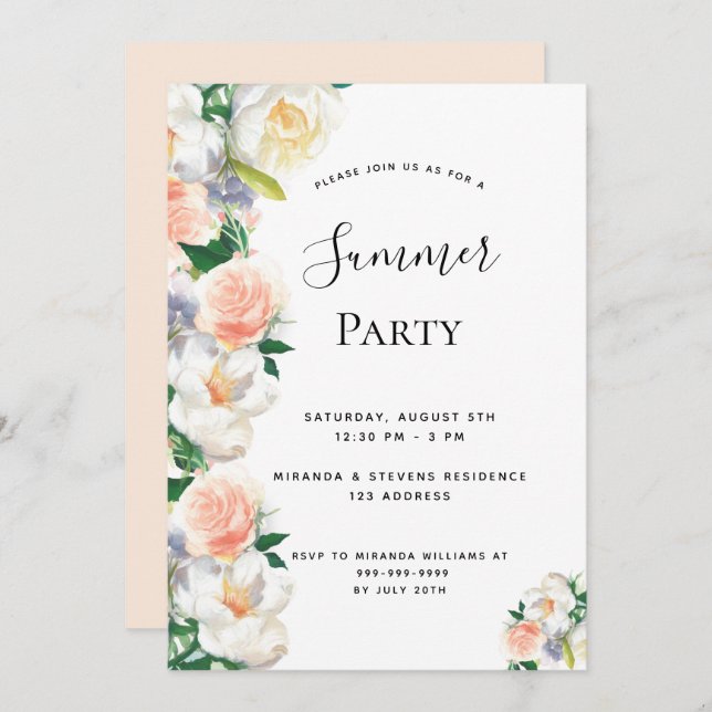 Summer party blush florals white invitation (Front/Back)