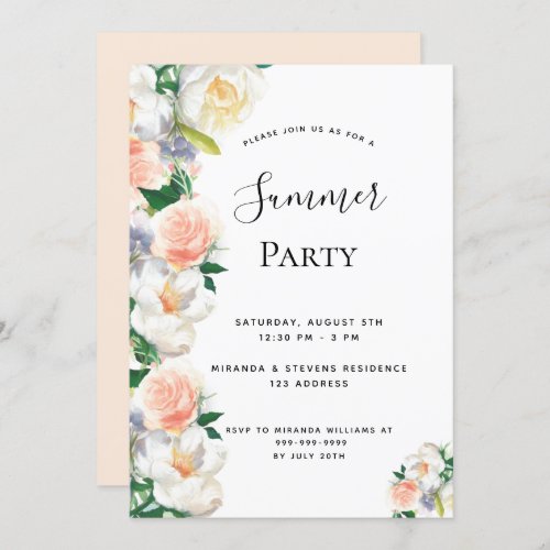 Summer party blush florals white invitation