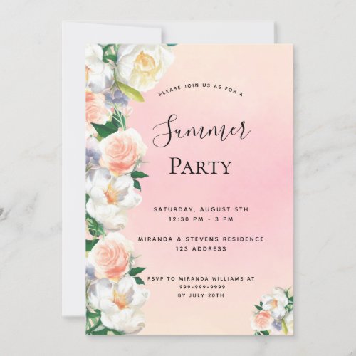 Summer party blush florals white  invitation