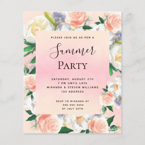 Summer party blush pink floral rose invitation