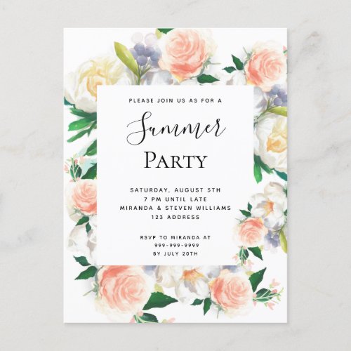 Summer party blush pink florals invitation postcard